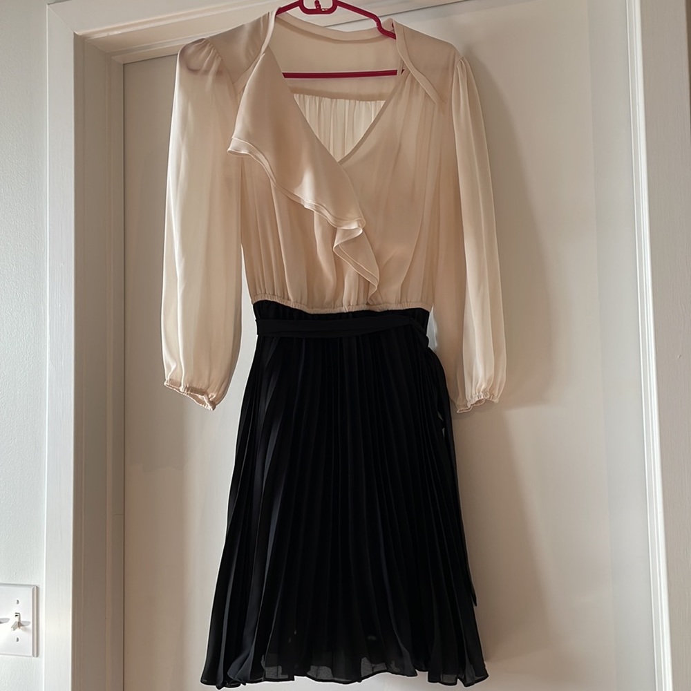 Max & Cleo Cream and Black Long Sleeve Pleated Dress